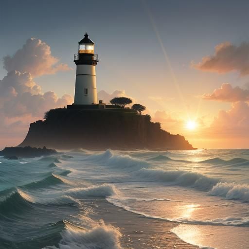 Dramatic Beach Sunset with Lighthouse, Dark Fantasy Art
