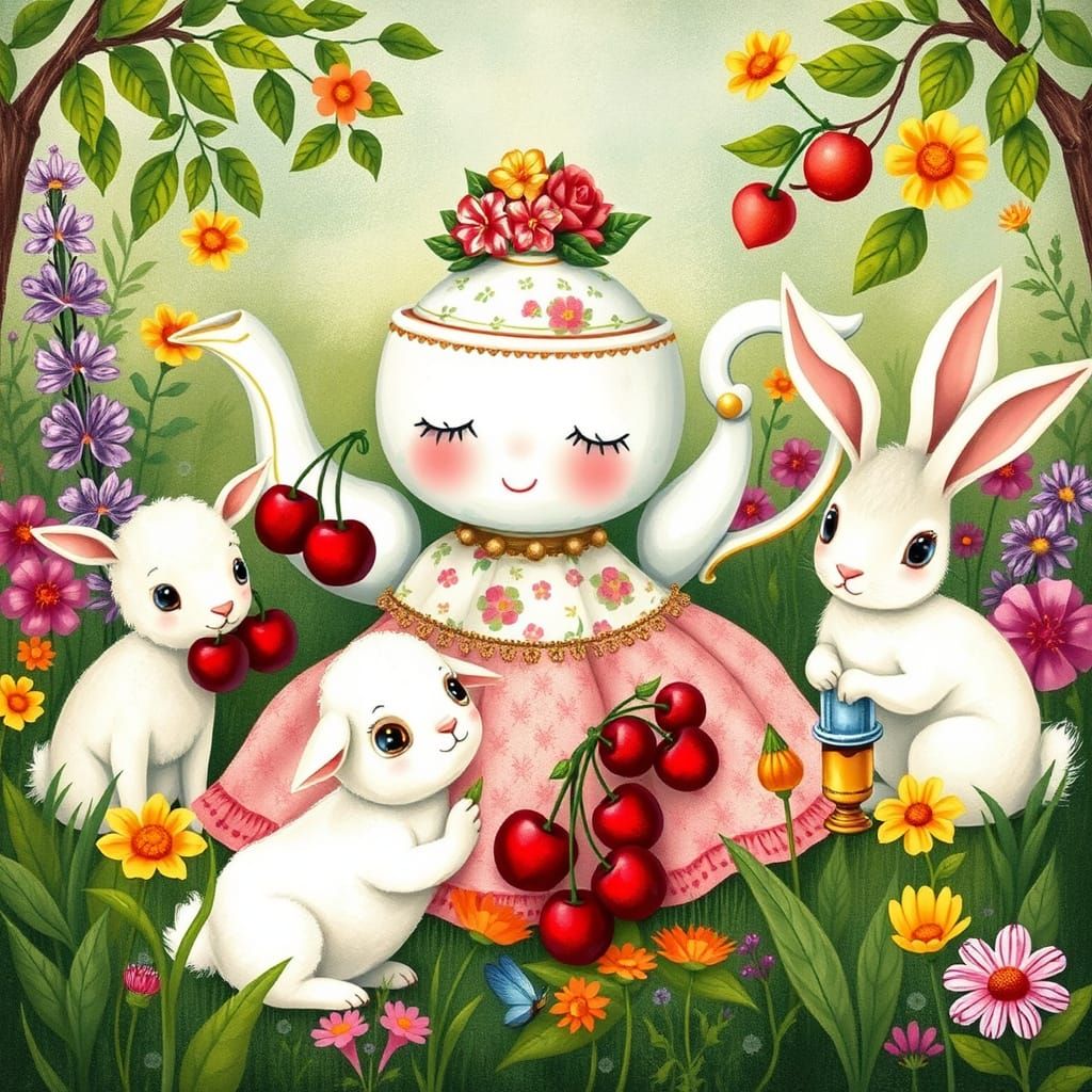 Teapot Princess in Whimsical Folk-Art Wonderland