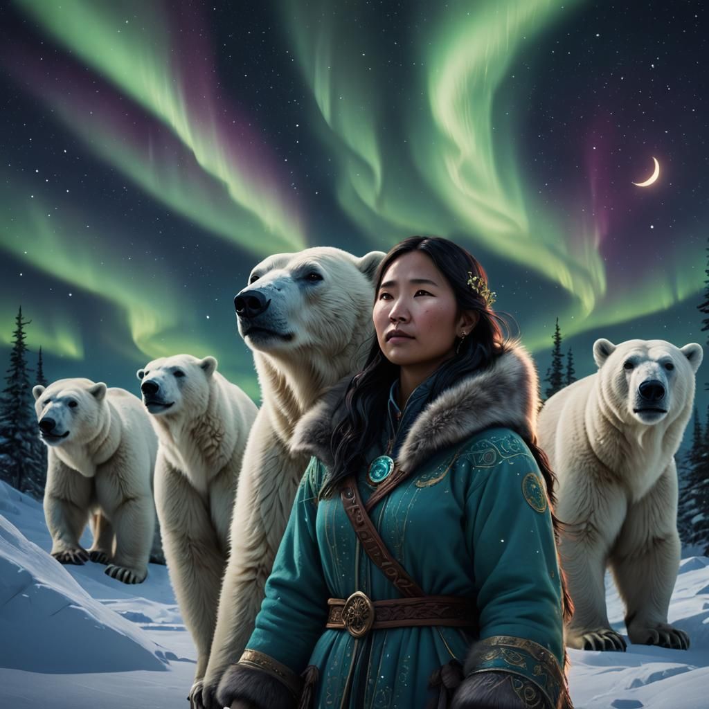Inuit Woman and Polar Bear Under Aurora