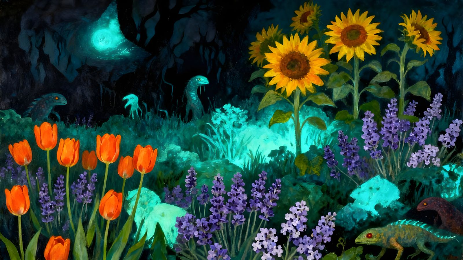 Eerie Meadow with Orange Tulips and Strange Creatures