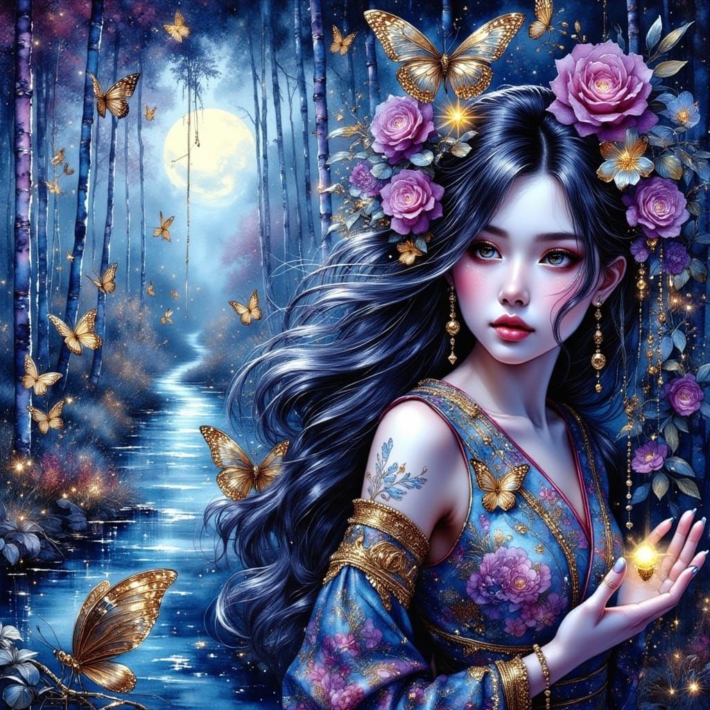 Geisha Fairy in Bamboo Forest, Watercolor Art