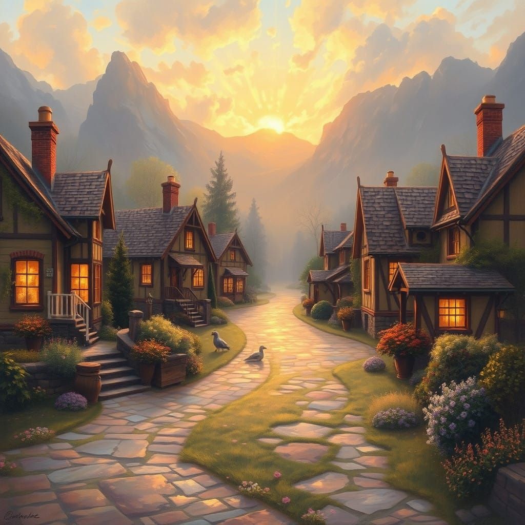Golden Village Scene with Peaceful Atmosphere