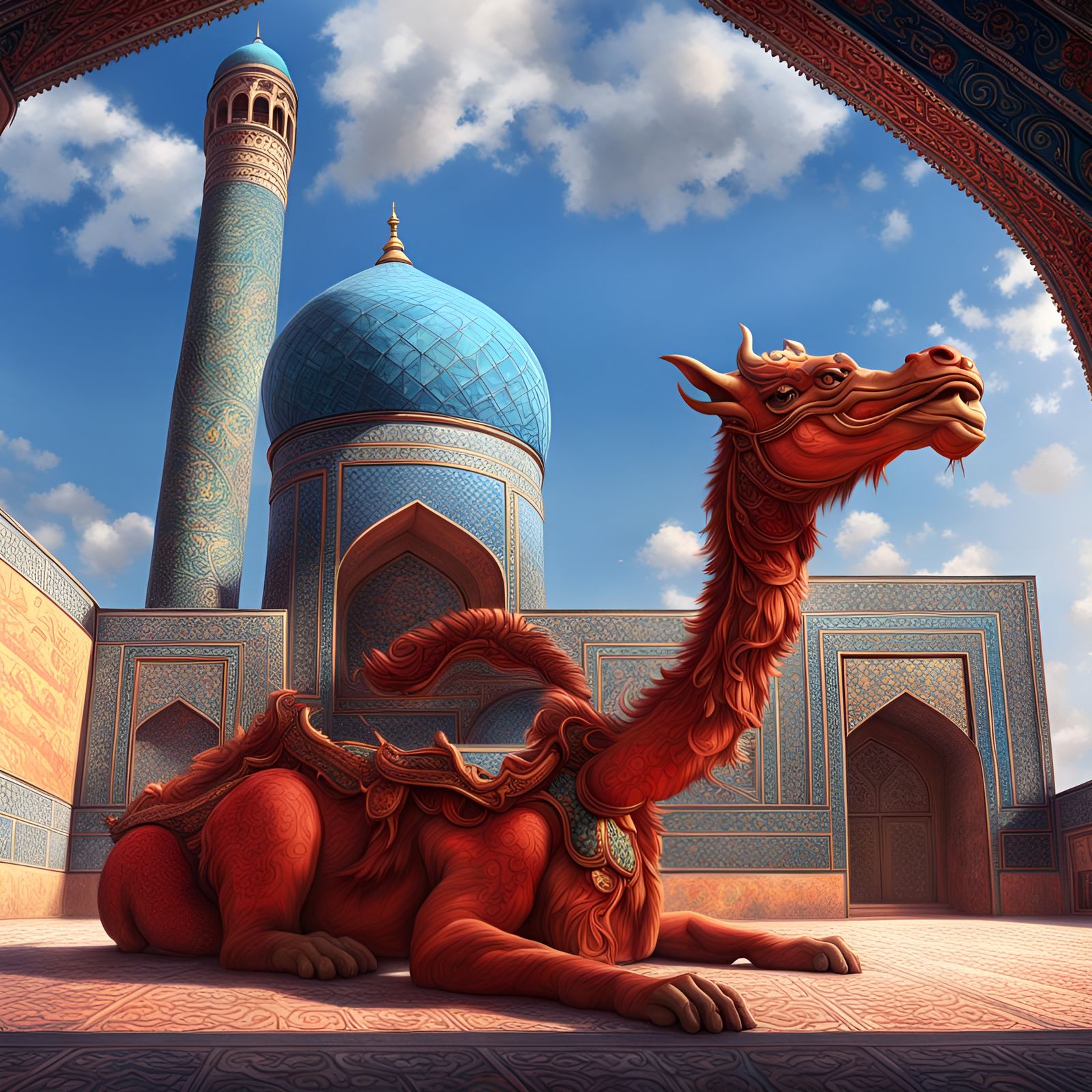 Samarkand Madrassa with Dragon in Acrylic Style