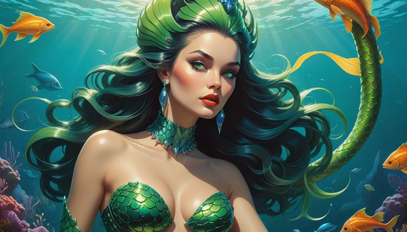 Siren Mermaid Queen in Cyberpunk Underwater Realm