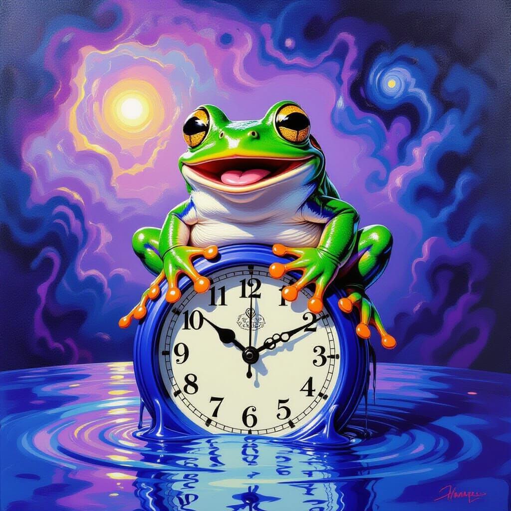Surreal Frog on Melting Clock, Oil-on-Canvas