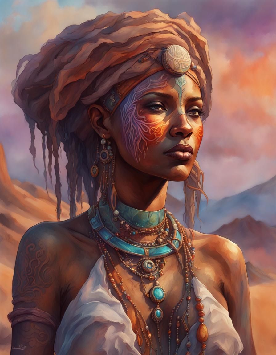 Voodoo Priestess in Desert Landscape, Watercolor Painting