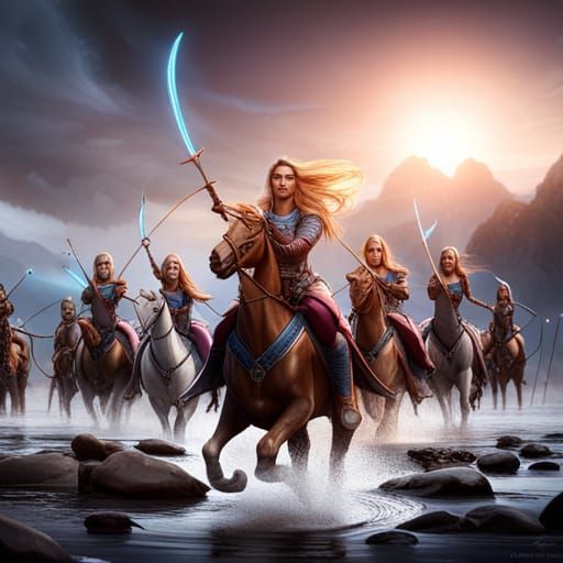 Epic Female Warrior Army on Horses: Detailed Matte Painting