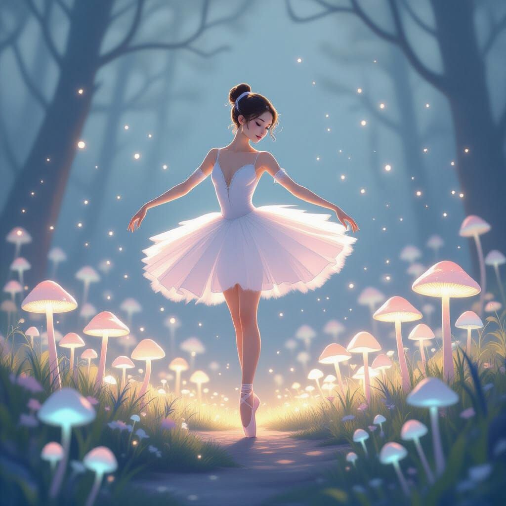Ethereal Ballerina Dancing Above Bioluminescent Mushrooms