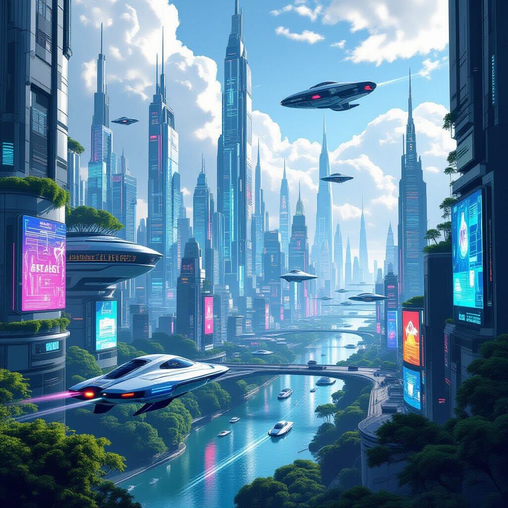 Futuristic Cityscape with Flying Vehicles and Neon Lights
