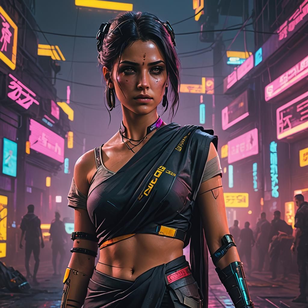 Woman in Saree in Cyberpunk Neon City