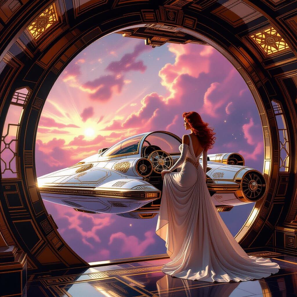 Art Deco Spaceship in Vibrant Nebula, Digital Matte Painting