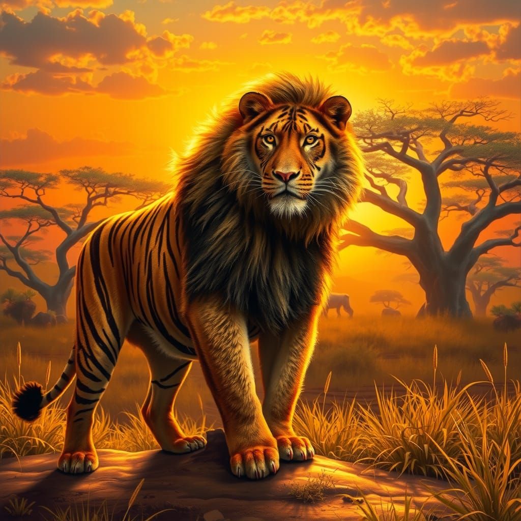 Majestic Lion-Gorilla-Tiger Hybrid in African Sunset