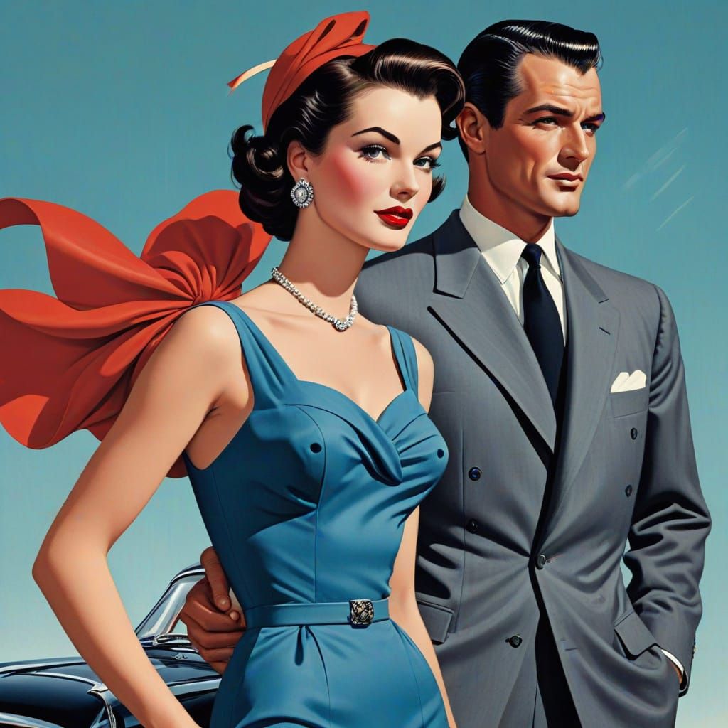 1950s Fashion Ad: Elegant Couple in Vibrant Style