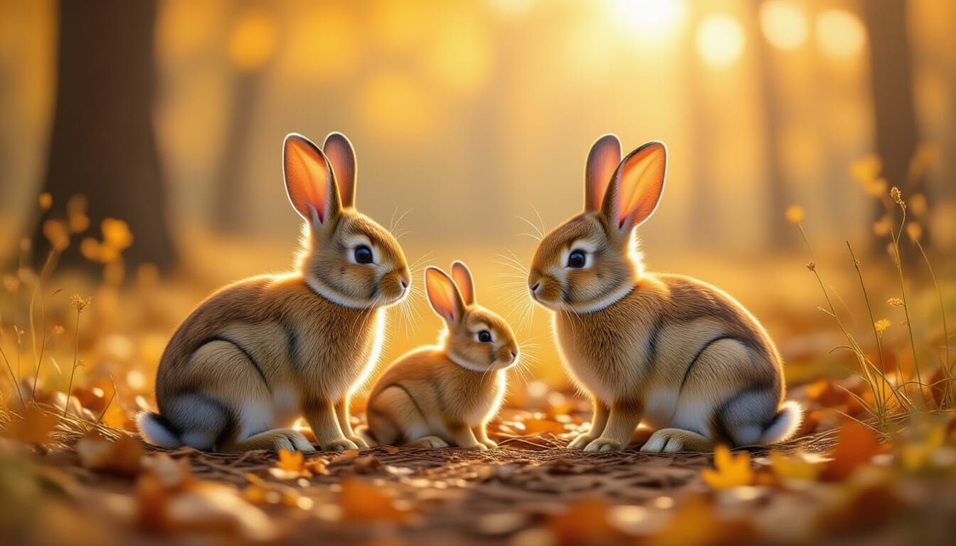 Cute Rabbit Family in Golden Autumn Wood Clearing Matte Pain...