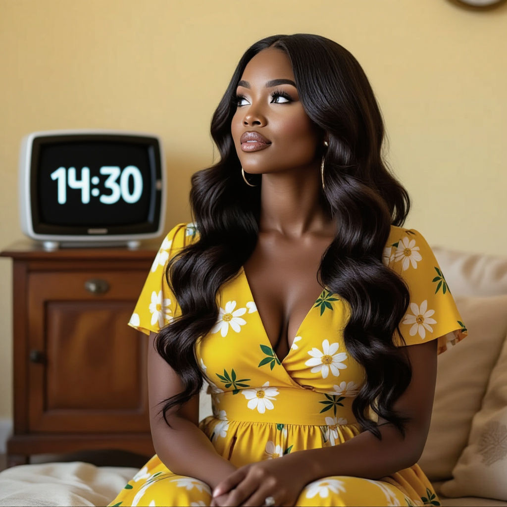 Vintage Photo of Woman in Yellow Dress Gazing Upward