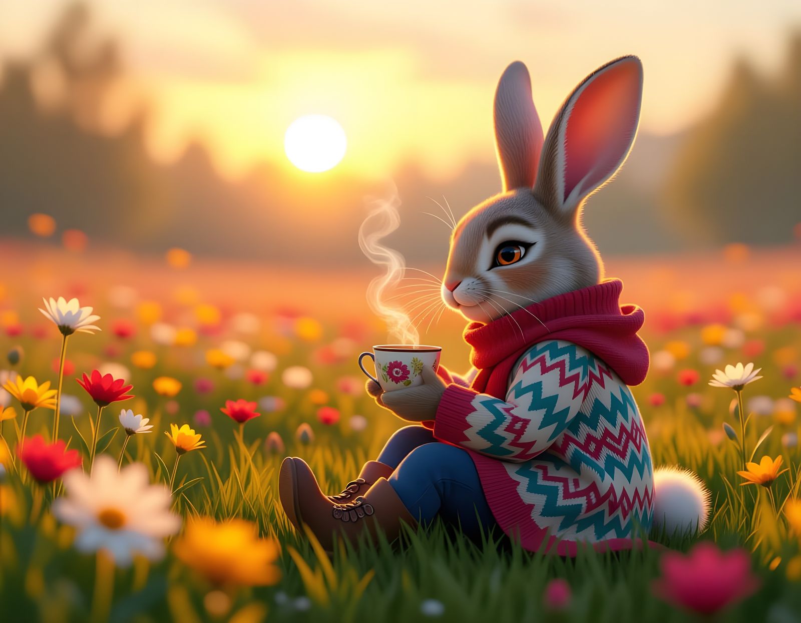 Grumpy Rabbit Enjoys Tea in Enchanted Meadow at Sunrise