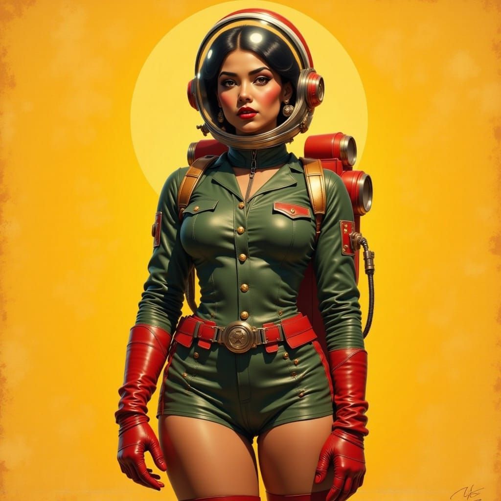 Steampunk Woman in Military Outfit with Retro-Futuristic Hel...
