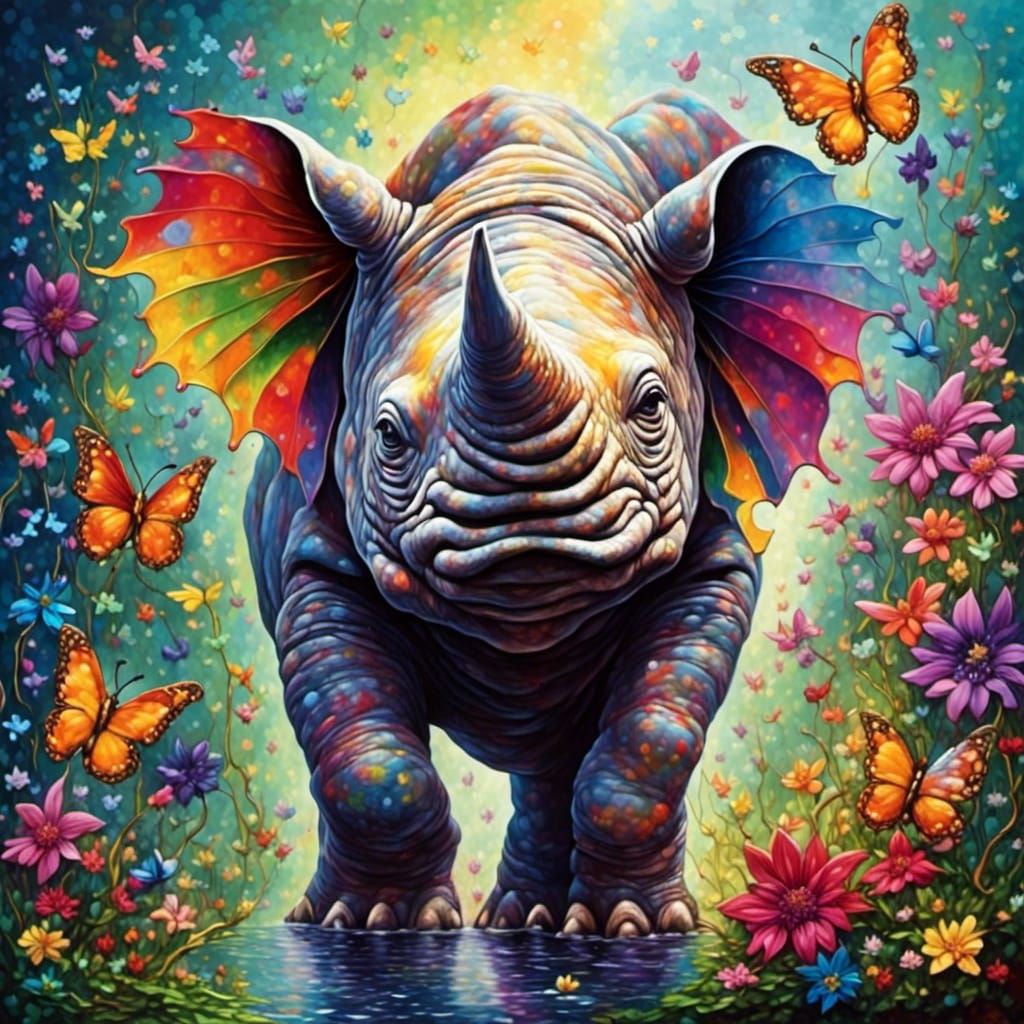 Rainbow Rhino with Butterflies in Impasto Style