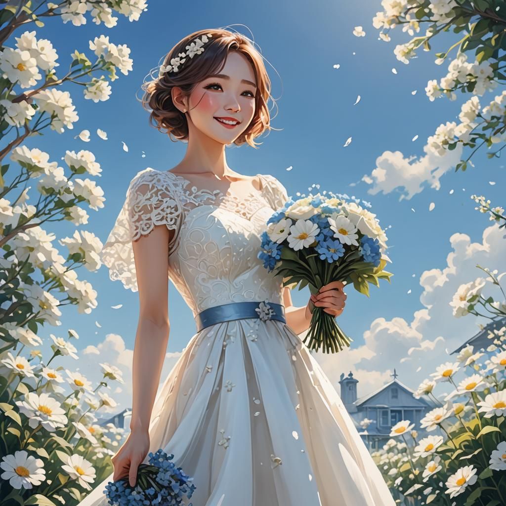 Korean Woman in Wedding Dress, Watercolor Art