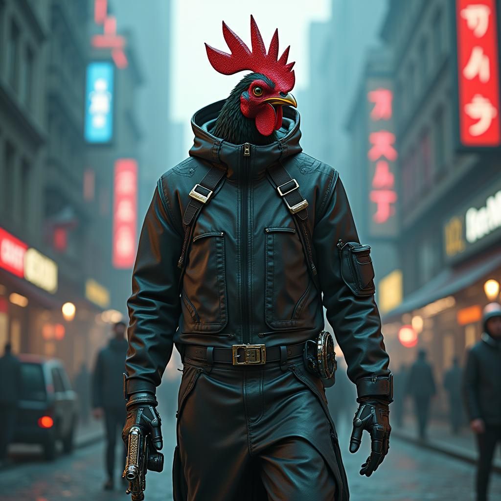 Cyberpunk Cyborg Rooster on Skateboard: 8k Matte Painting