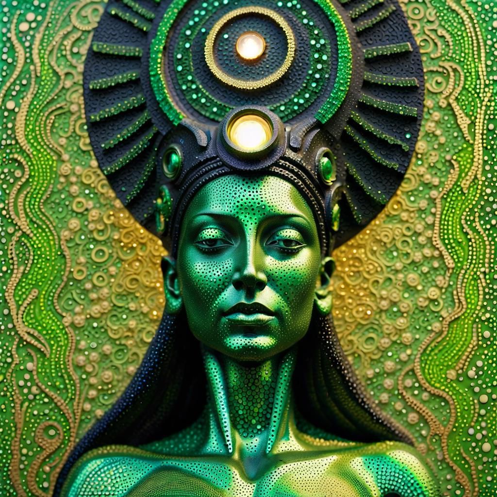 Luminous Tribalcore Goddess Statue in Pointillism