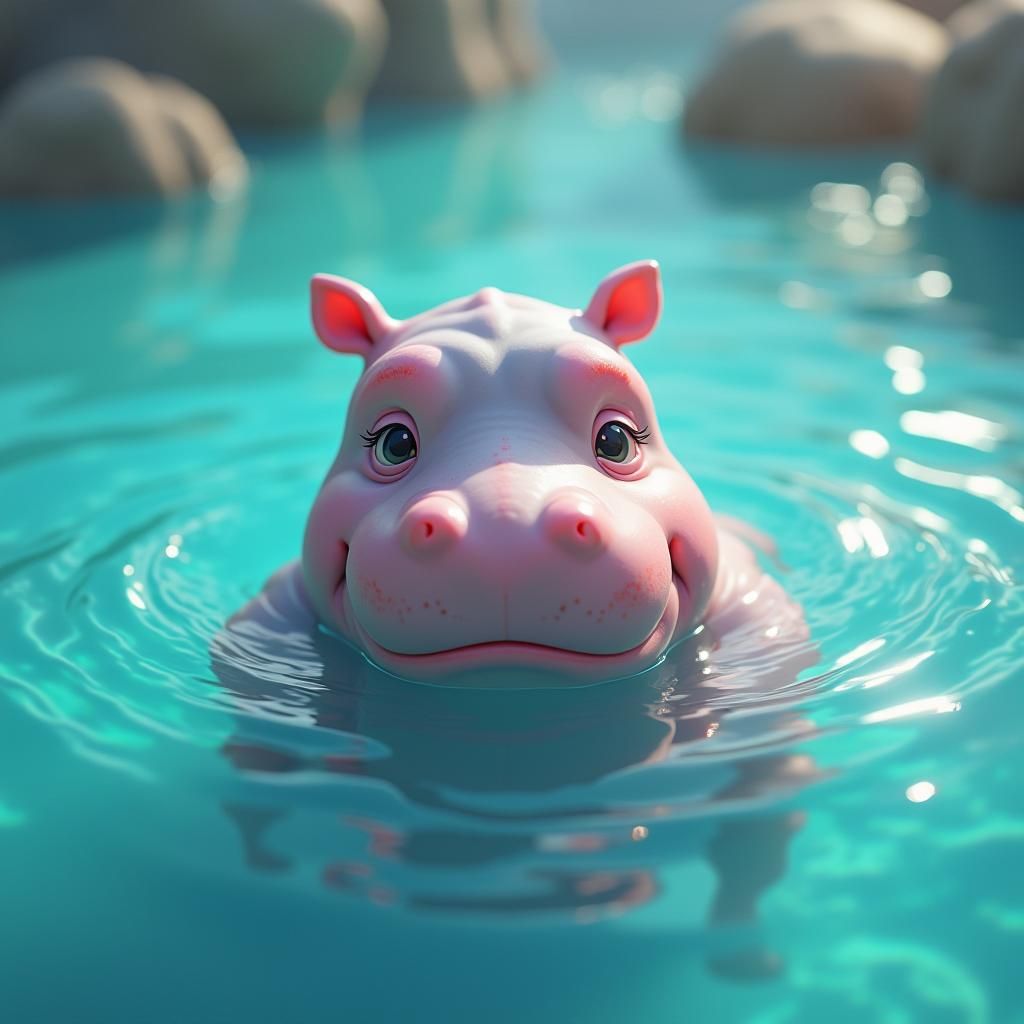 Doe-Eyed Hippo in Dreamlike Lagoon, Matte Painting