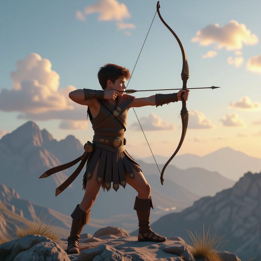 Boy Archer on Mountain in Detailed 3D Style