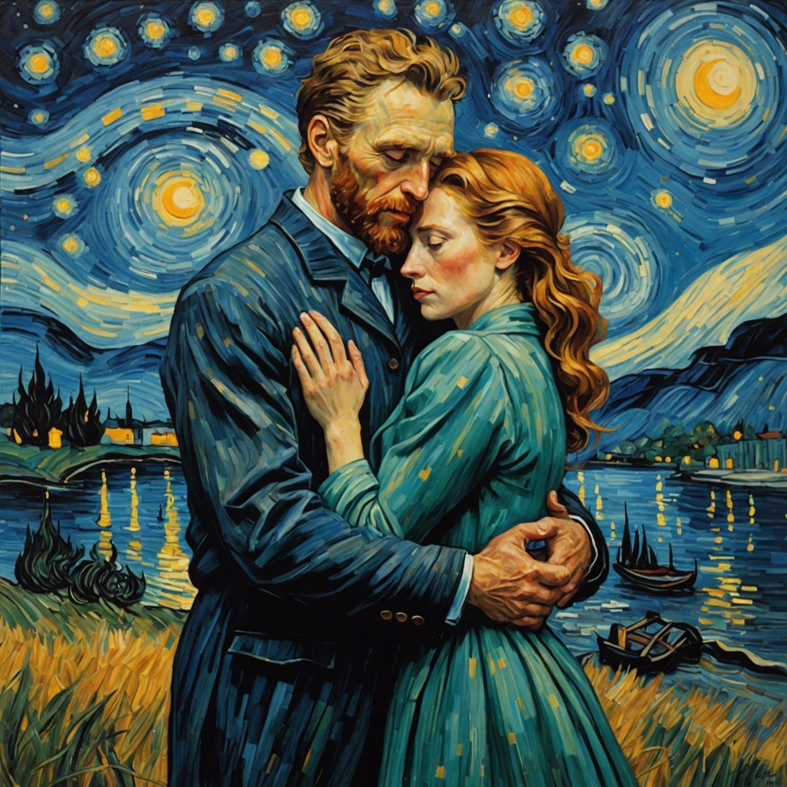 A Vincent Van Gogh inspired man and women hugging, Starry night