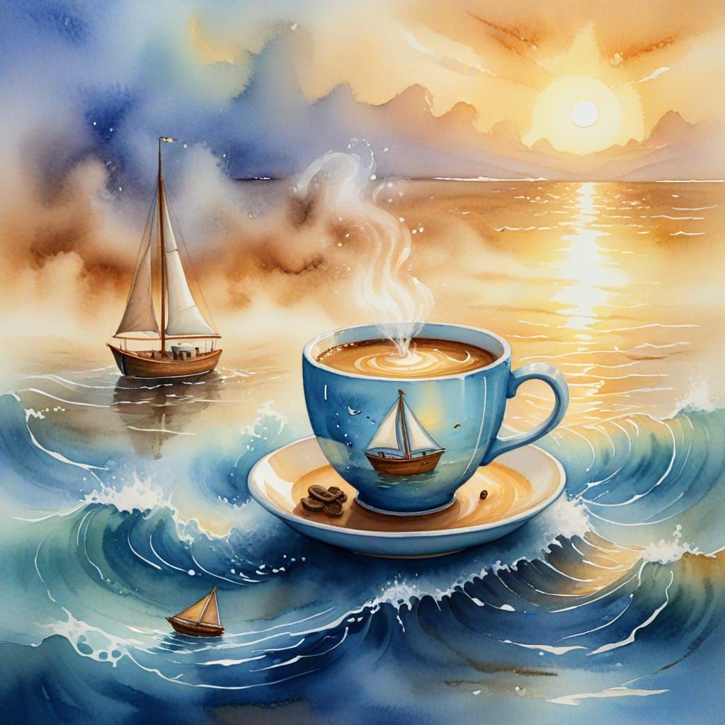 Coffee Cup Ocean: A Whimsical Watercolor Painting