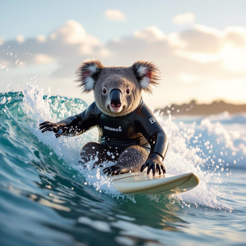 Koala Surfing Australian Wave, Realistic Style