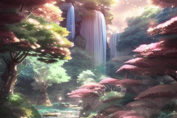 Steampunk Sakura Village Waterfall in Gouache Style