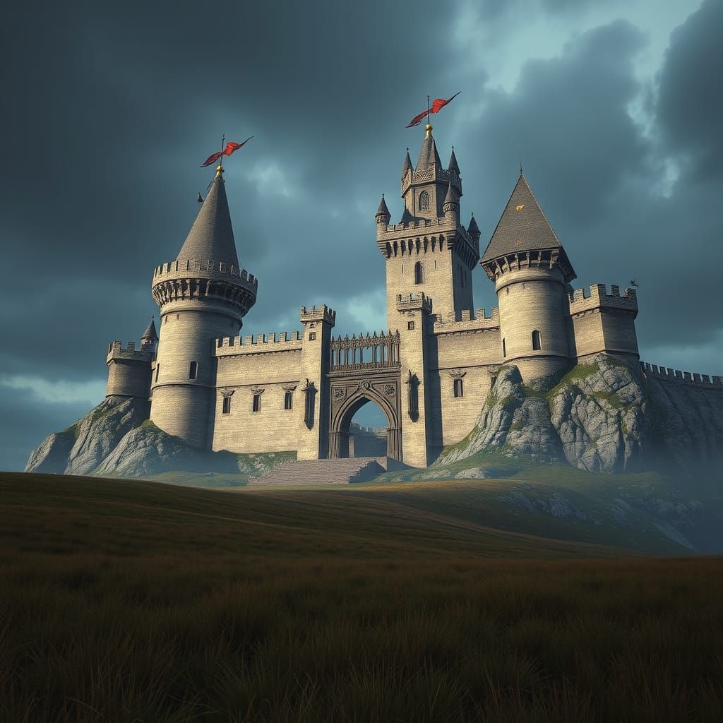Majestic Medieval Castle Overlooking Grassy Field