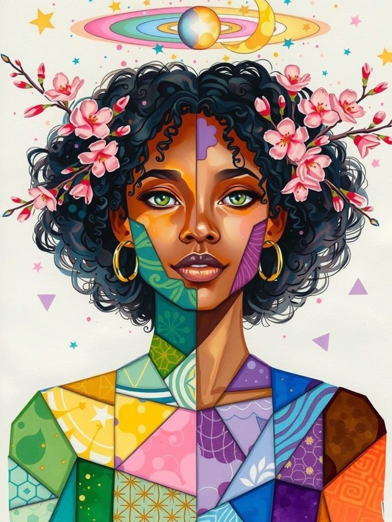 Abstract Watercolor Portrait of Woman with Cherry Blossoms