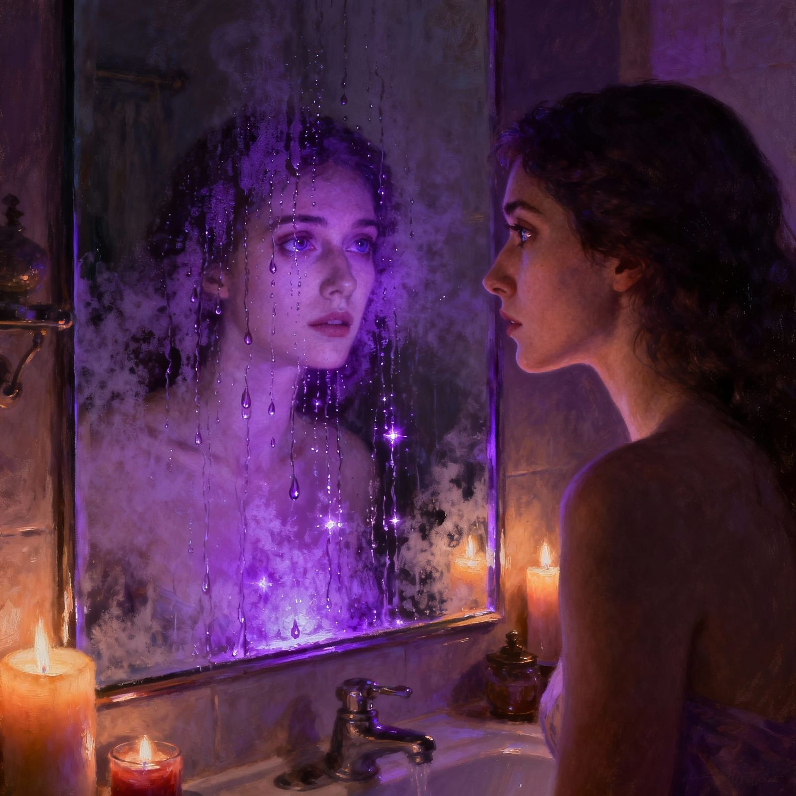 Woman Gazes in Steamed Mirror Under Purple Light