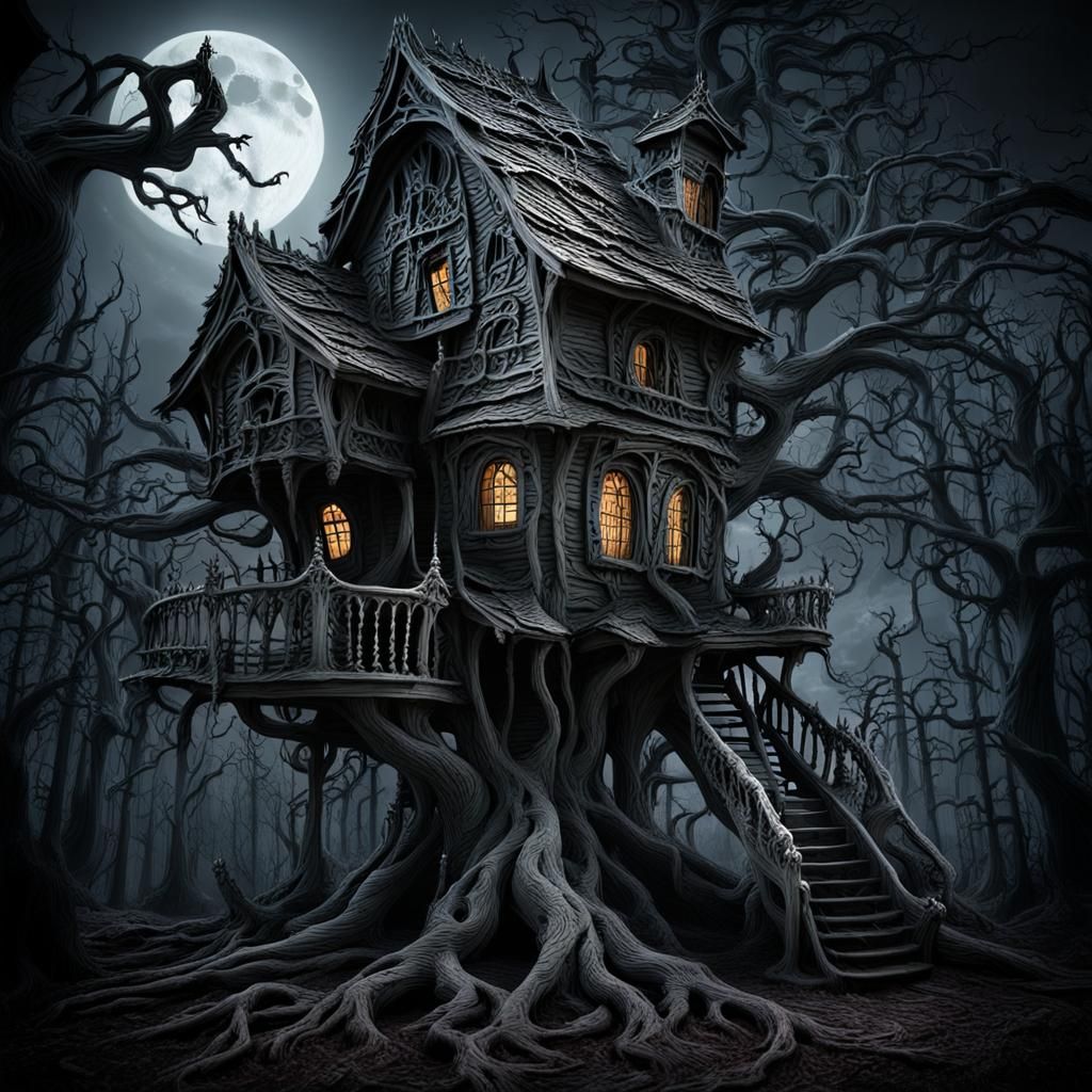 Dark Fantasy Treehouse in Haunted Forest