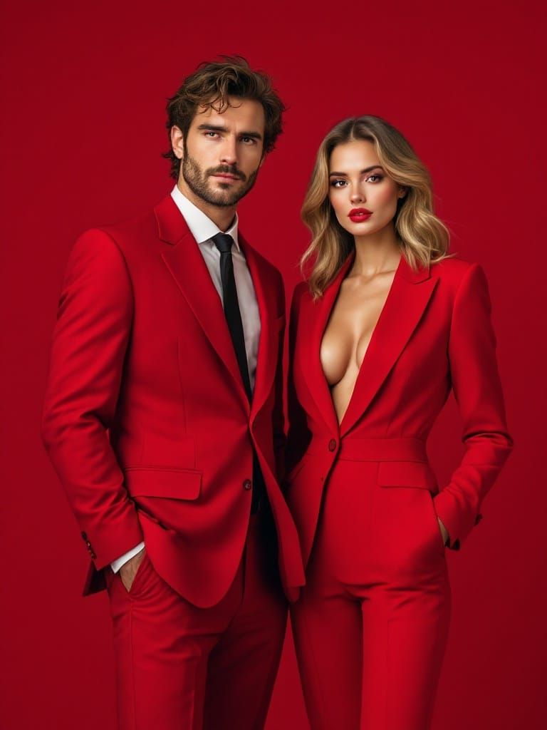 Confident Couple in Red Suits: High Fashion Aesthetic