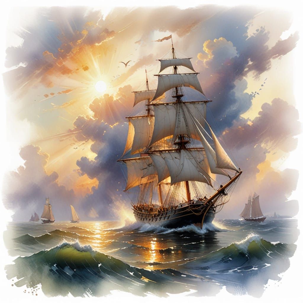 Tall Ship Battles Stormy Sea in Oil Painting Style