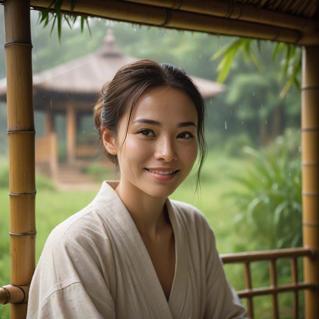 Serene Woman in Bamboo Gazebo, Landscape Photography