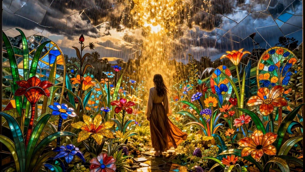 Lone Figure in Surreal Stained Glass Garden with Golden Ligh...