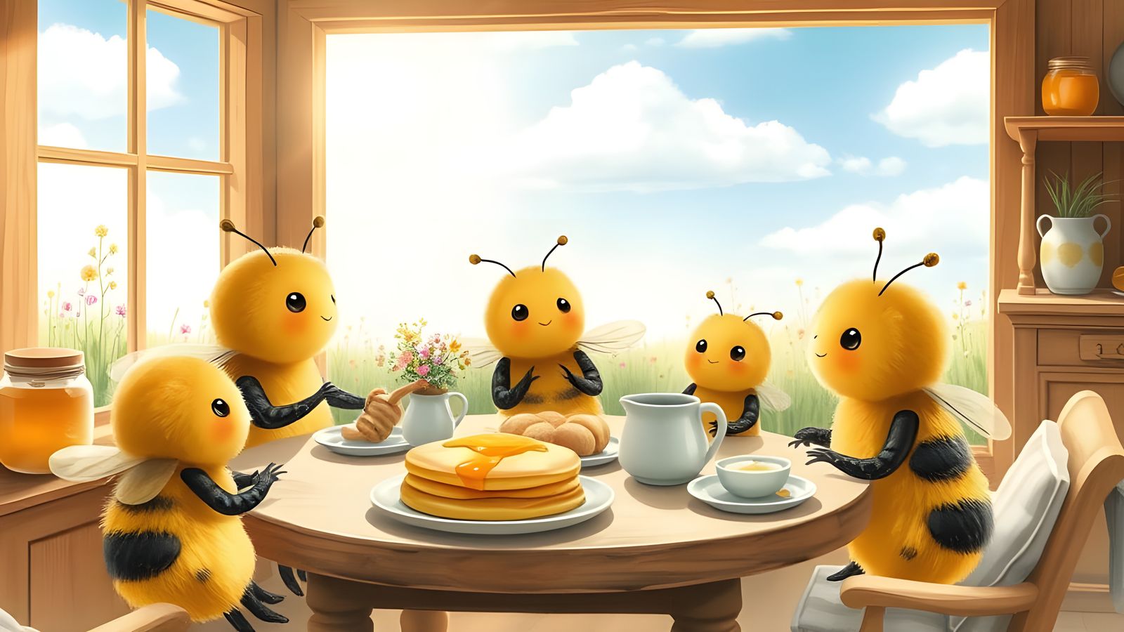 Bee Family Breakfast in Vintage Cottage