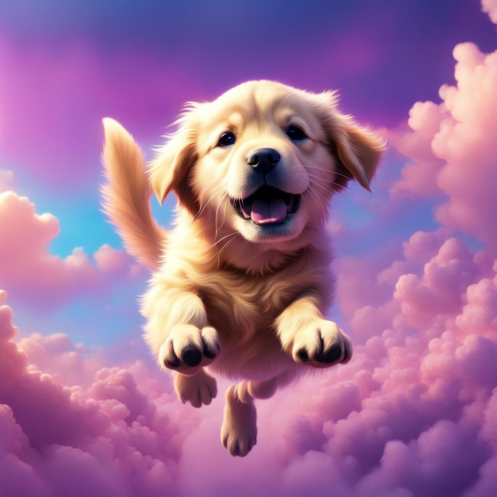 Golden Retriever Puppy Flies Through Gradient Sky