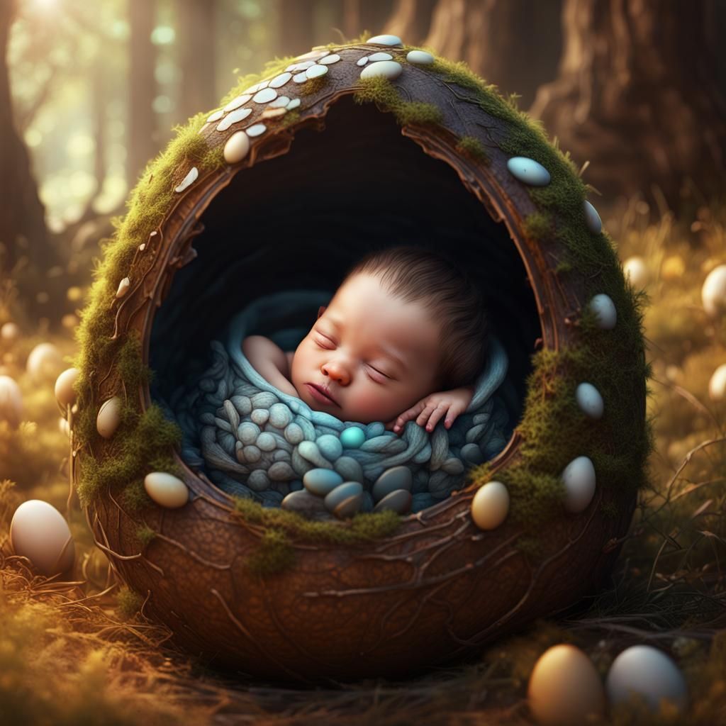Newborn Dragon Sleeping in Cracked Egg, Fantasy Art