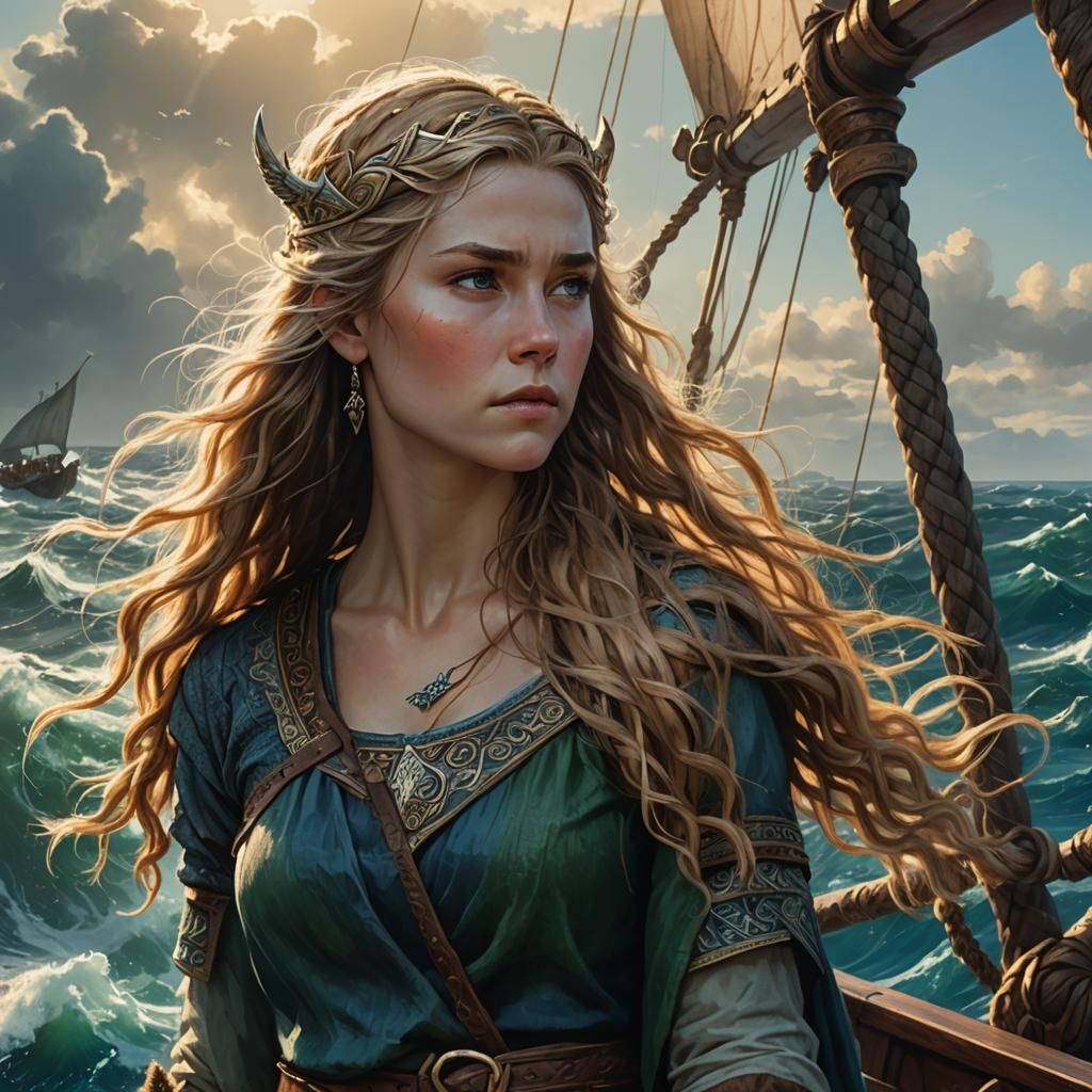 Viking Beauty on Ship, Waterhouse-Inspired Fantasy Art