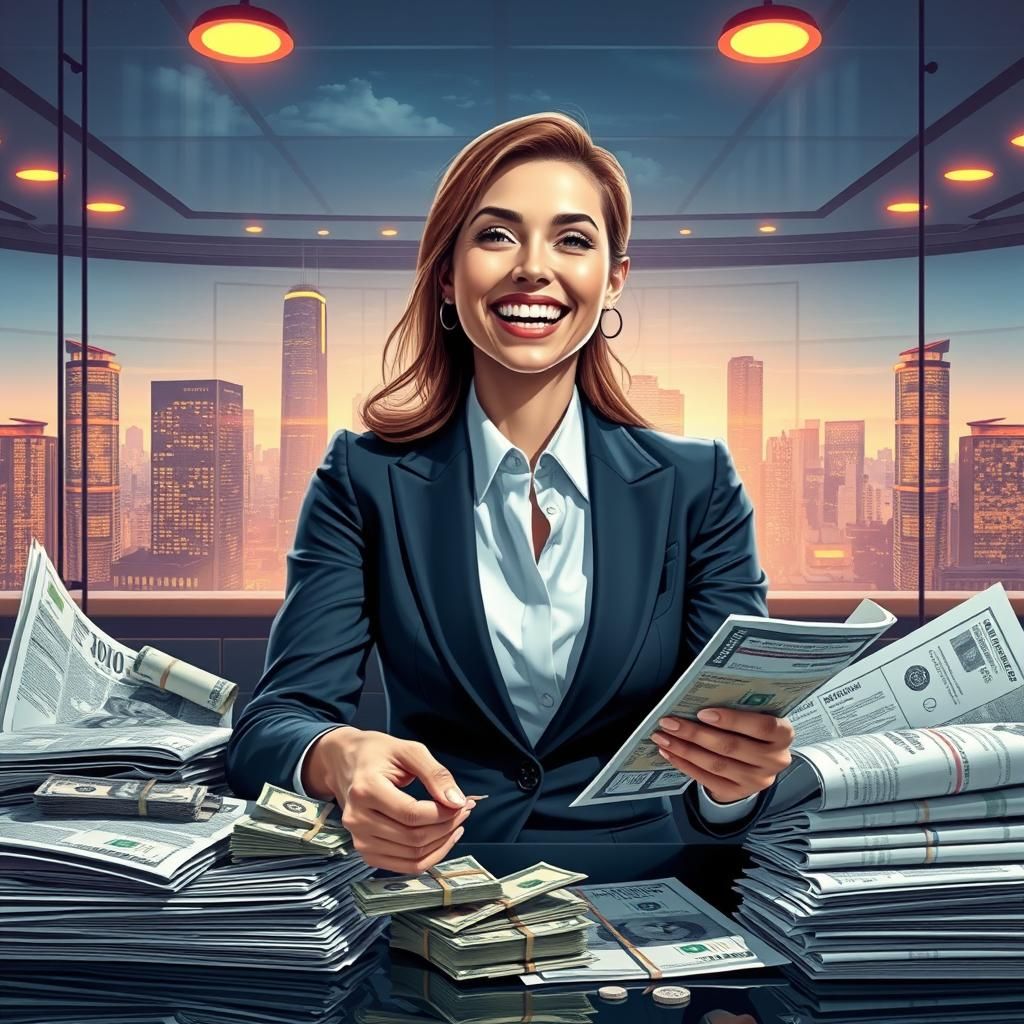 Successful Woman Counting Earnings in Futuristic Office