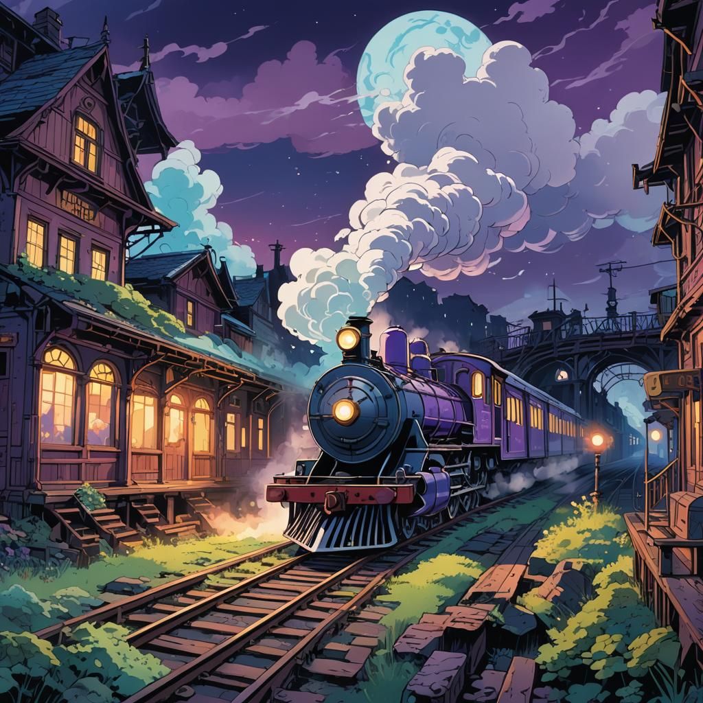 Ghost Train in Mystical Station, Cartoon Style