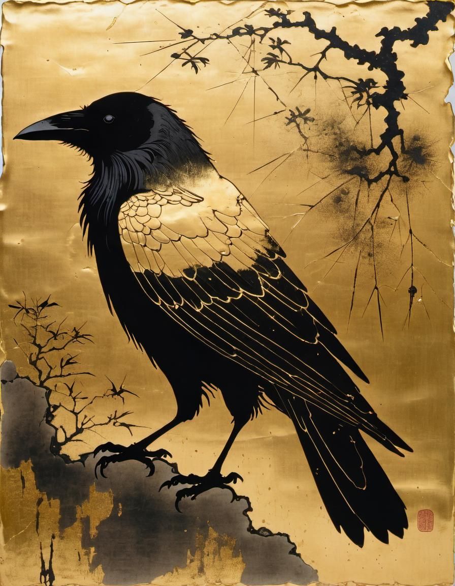 Crow Silhouette in Ancient Japanese Art Style