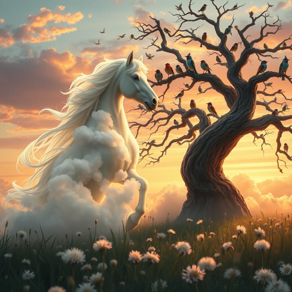 Majestic Cloud Horse in Whimsical Dandelion Meadow