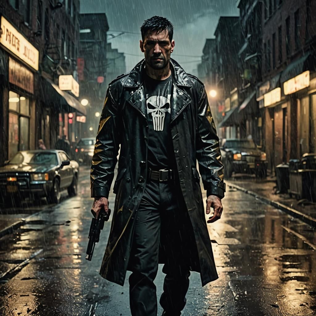 The Punisher in Rain: Cinematic Film Still