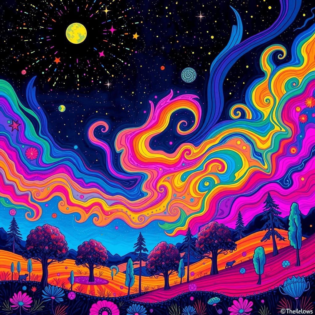 Rainbow Landscape under Blacklight in Psychedelic Style