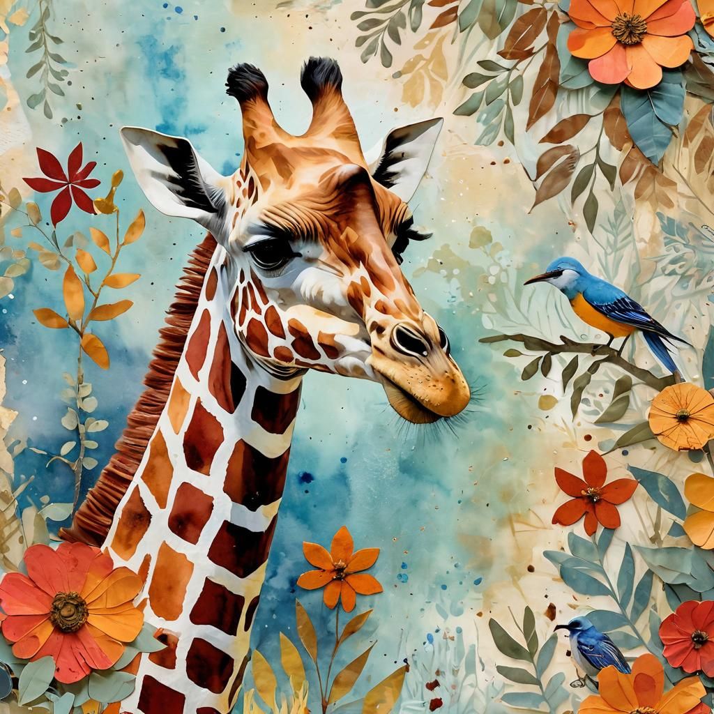 Giraffe and Blue Bird Mixed Media Collage Art